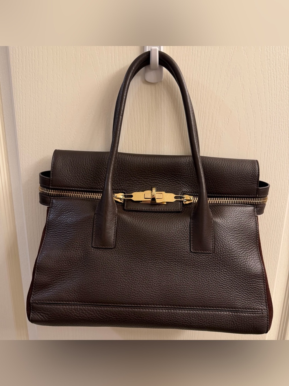 MaxMara Dark Brown Leather Tote with Gold Hardware